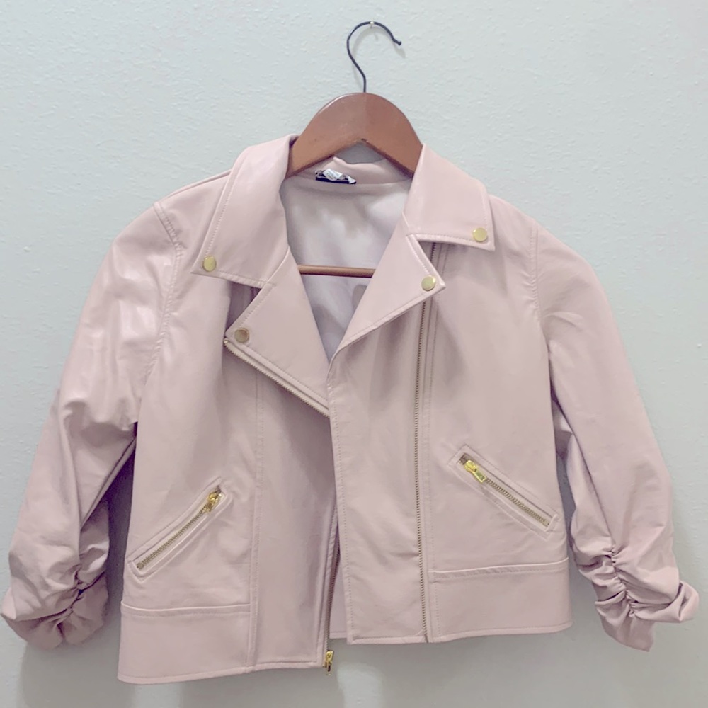 pink Disney brand artificial leather jacket with gold accents